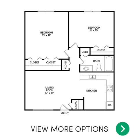Floor plan for 2 beds, 1 bath, 672 sqft